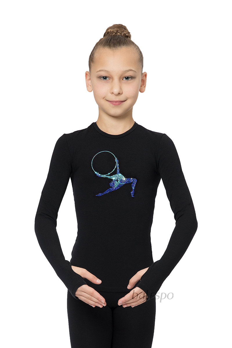 Gymnastické tričko s dlhým rukávom a otvorom na palec BALESPO BС 230.3-100 čierne s modrými kamienkami "Gymnastka s obručou" veľ. 44 (164)