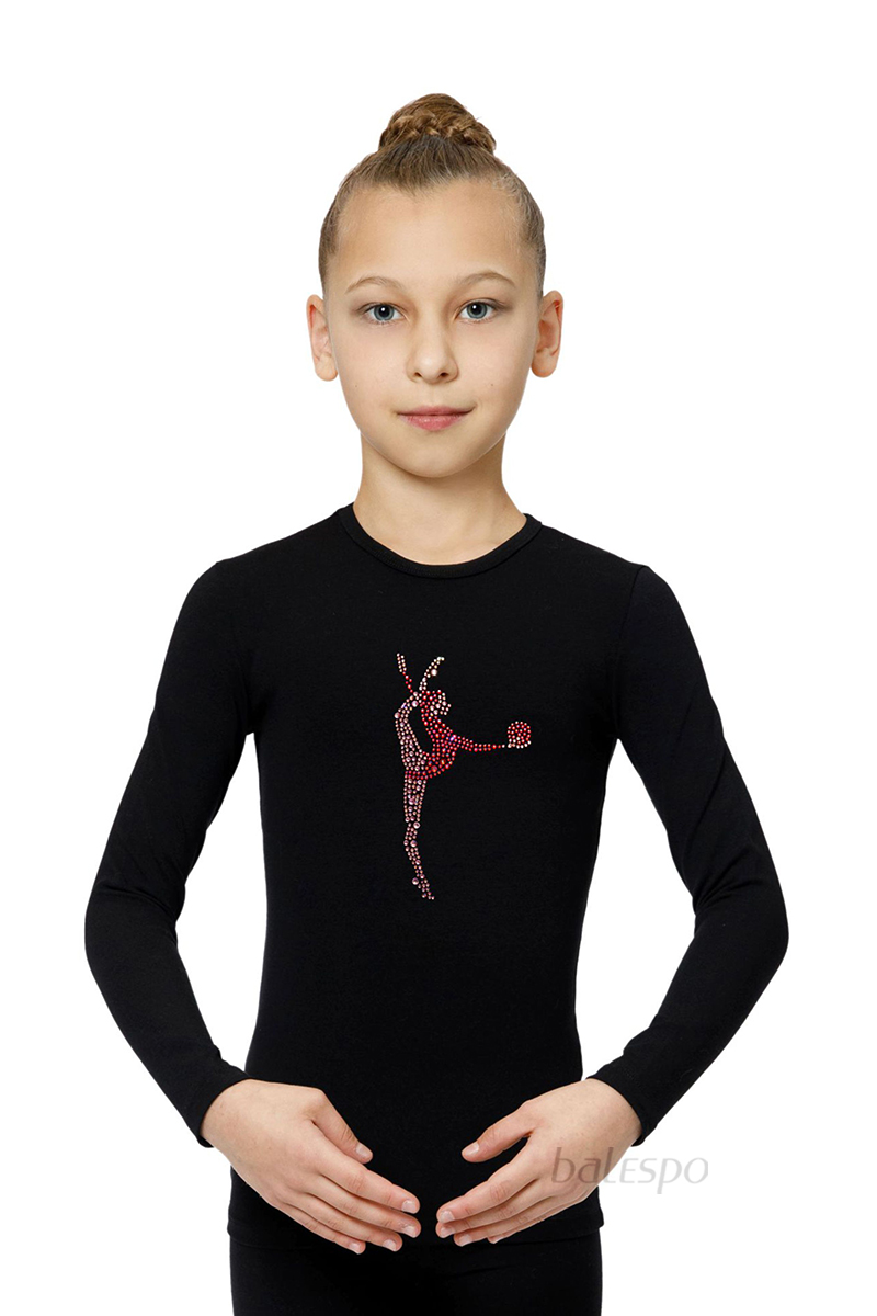 Gymnastické tričko s dlhým rukávom BALESPO BС 220.2-100 čierne s ružovými kamienkami "Gymnastka s loptou" čierne veľ. 44 (164)