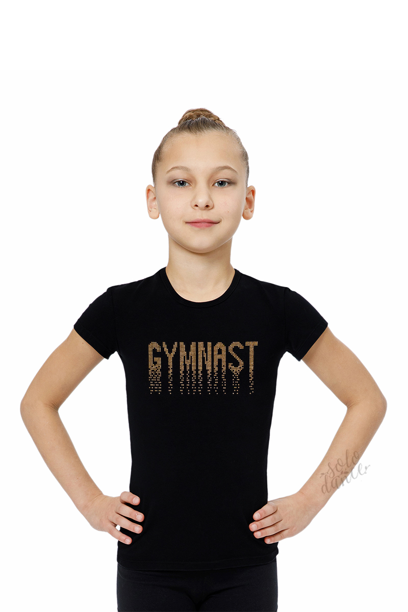 Gymnastické tričko s krátkymi rukávmi BALESPO BC210.4-100 čierne s kovovými zlatými kamienkami "Gymnast" veľ. 42 (158)