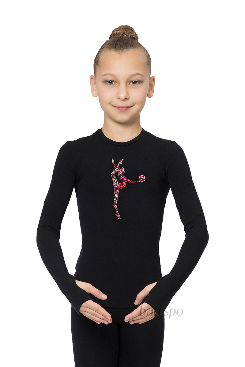 Gymnastické tričko s dlhým rukávom a otvorom na palec BALESPO BС 230.2-100 čierne s ružovými kamienkami "Gymnastka s loptou" veľ. 44 (164)