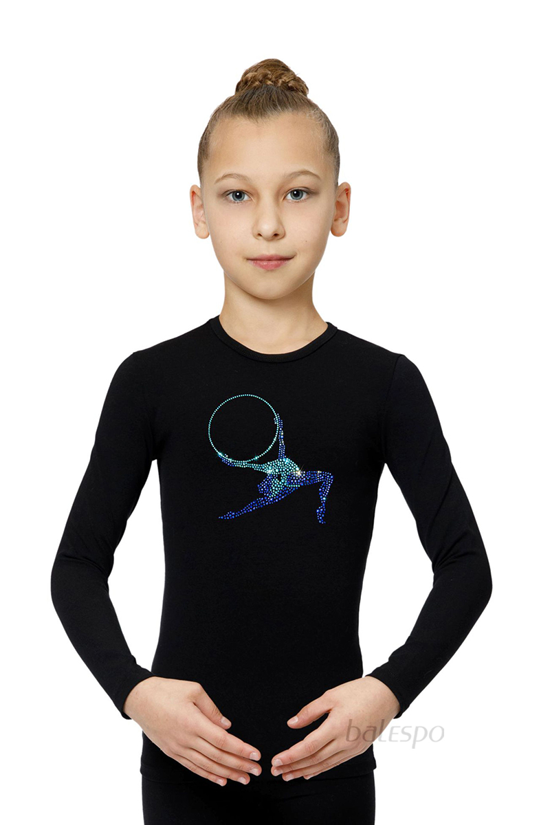 Gymnastické tričko s dlhým rukávom BALESPO BС 220.3-100 čierne s modrými kamienkami "Gymnastka s obručou".čierne veľ. 44 (164)