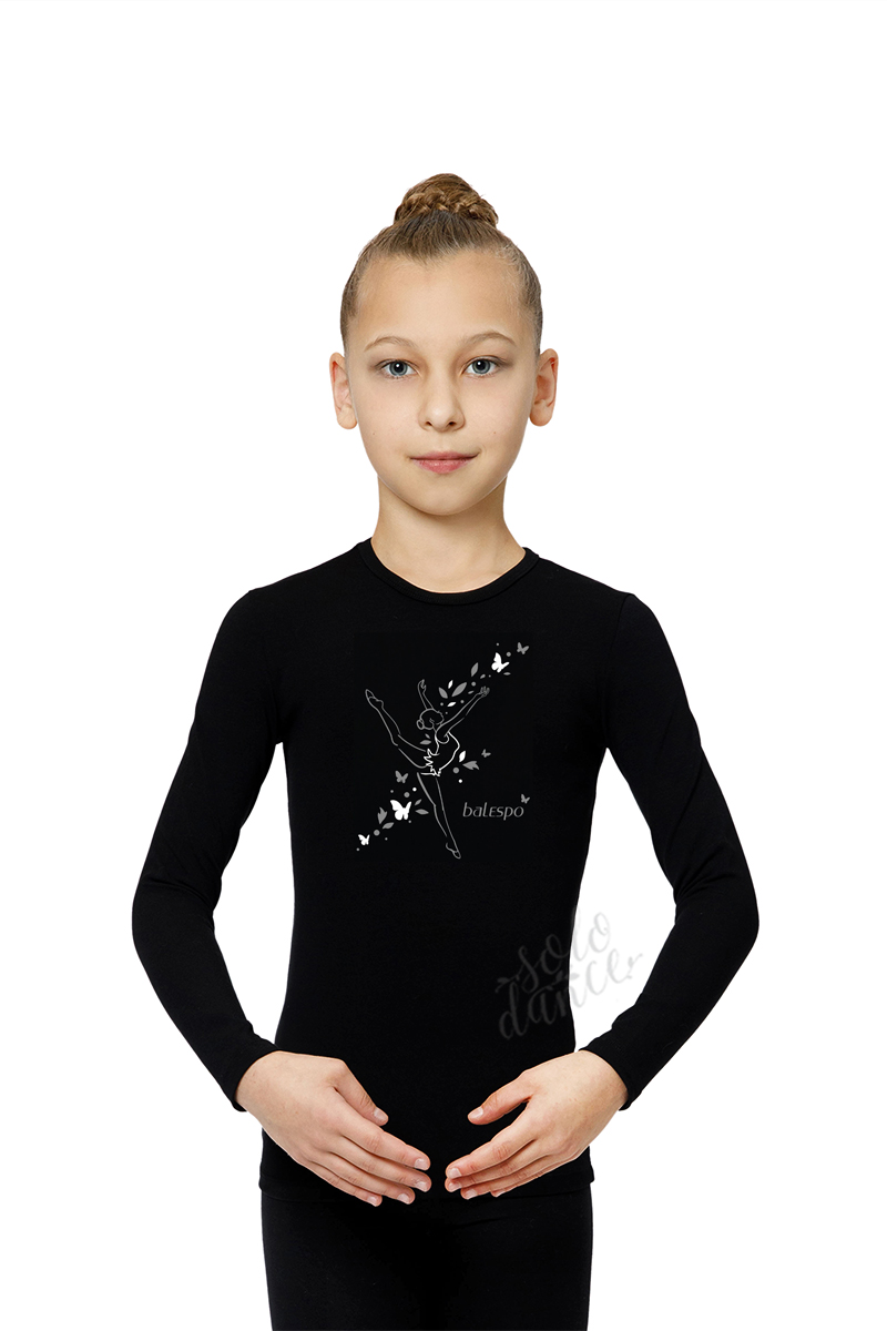Gymnastické tričko s  dlhými rukávmi BALESPO BС 220-100 čierne so strieborno bielou potlačou veľ. 44 (164)